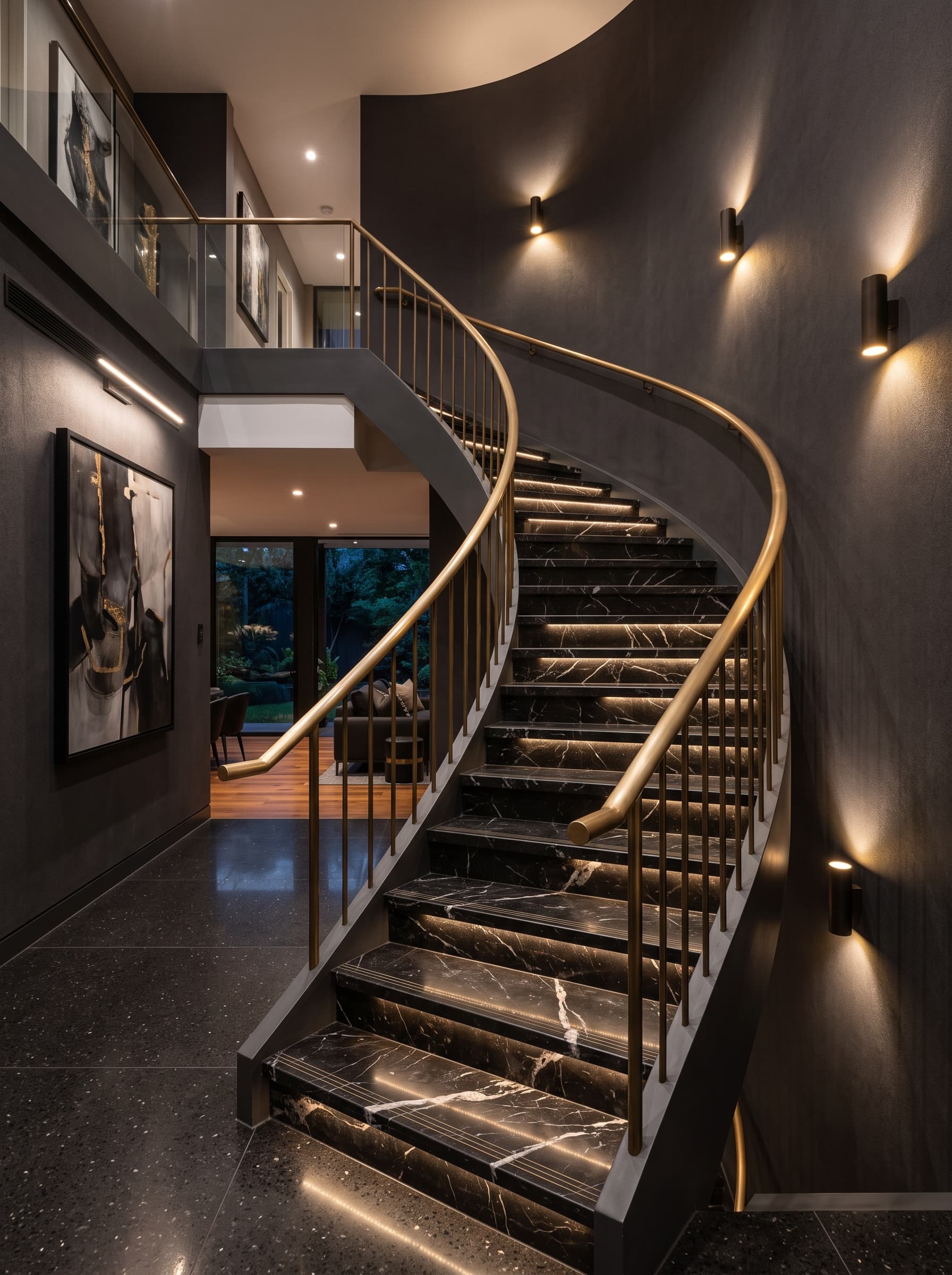 Escalier en marbre Nero Marquina réalisé par Marbre & Prestige Luxembourg